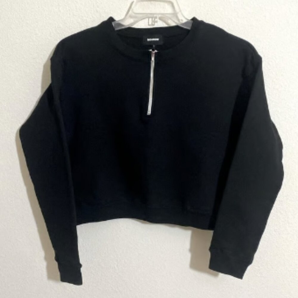 MONROW Relaxed-Fit 1/2 Zip Cropped Sweatshirt BLACK Women's Size S